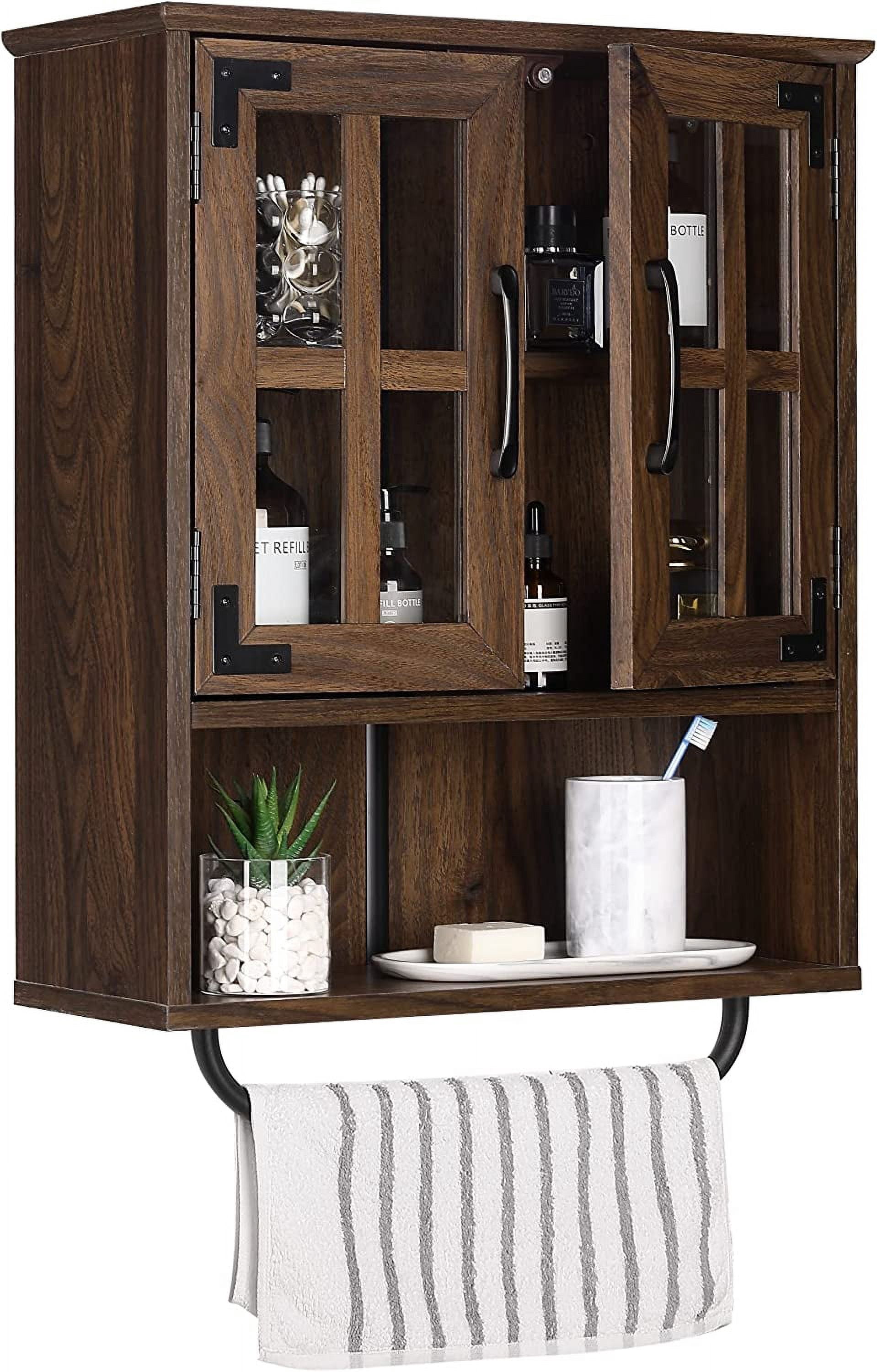 Wood Wall Storage Cabinet with Cross Glass Doors, Farmhouse Wall Mounted 3 Tier Rustic Cabinet with Adjustable Shelves and Towel Bar for Bathroom, Living Room, Dark Walnut