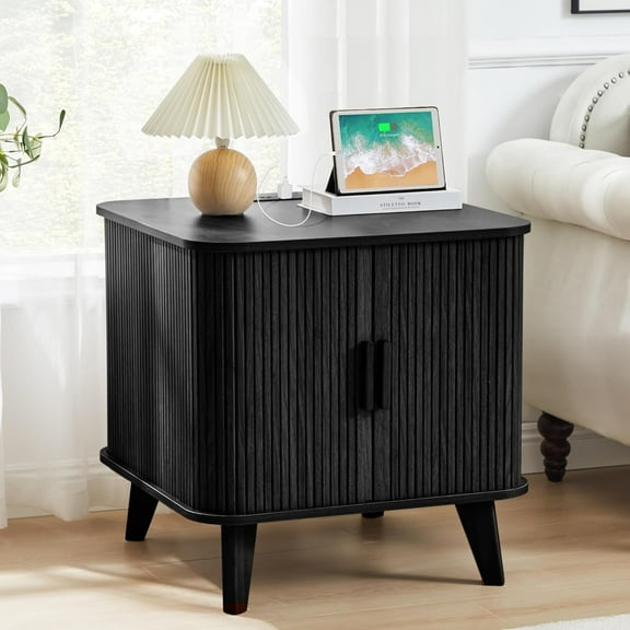 RUSTYER Farmhouse Square End Table with Charging Station, 24" Large Fluted Sofa Side Table with Sliding Tambour Door and Storage, Rustic Curved Wood Nightstand for Living Room, Bedroom, Black