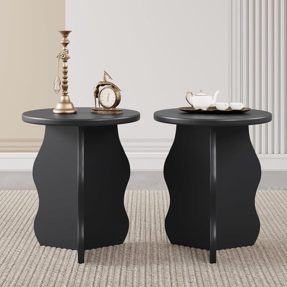 RUSTYER Modern Pedestal Round Side Table Set of 2, Small End Table with Wave Legs, Wooden Circle Nightstands Drink Accent Table for Small Spaces, Living Room, Bedroom (Black)