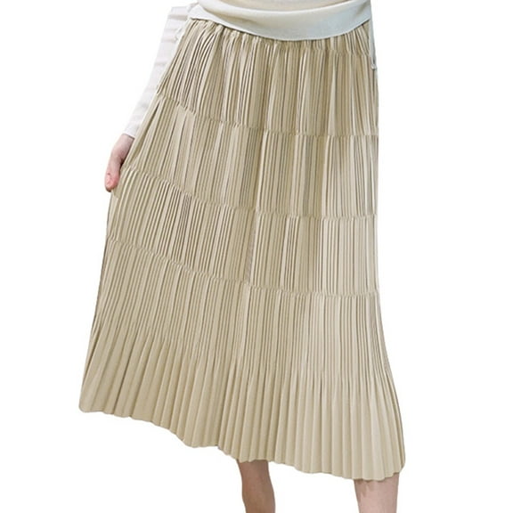 RUTAYY 2025 Spring Summer New Pleated Design Elastic High Waist Knee Length Mid-Length Skirt For Women Solid Color Smocked Boho Pleated Skirts