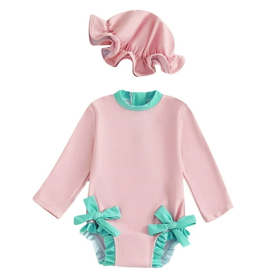 RUTAYY Baby Girl Swimsuit Baby Girls Long Sleeve Swimsuit Romper With Hat Bathing Suit Beach Rash Guard Pool Hawaii Swimwear Beachwear, 6-12 Months