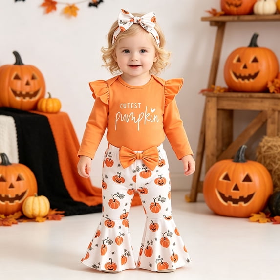 RUTAYY Baby Girls 3 Piece Outfit Long Sleeve Ruffle Bodice Flare Leg Pants Headband Pumpkin Print Halloween Themed Orange