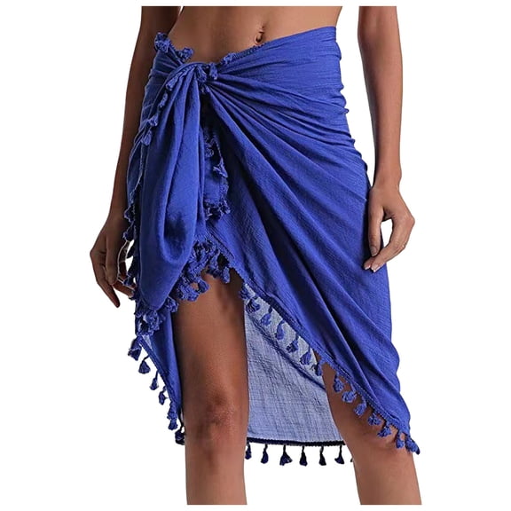 RUTAYY Beach Skirt Coverup Wrap Bikini Women Swimwear Tassels Shawl Sunscreen Swimsuit Skirt Solid Color Smocked Boho Pleated Skirts