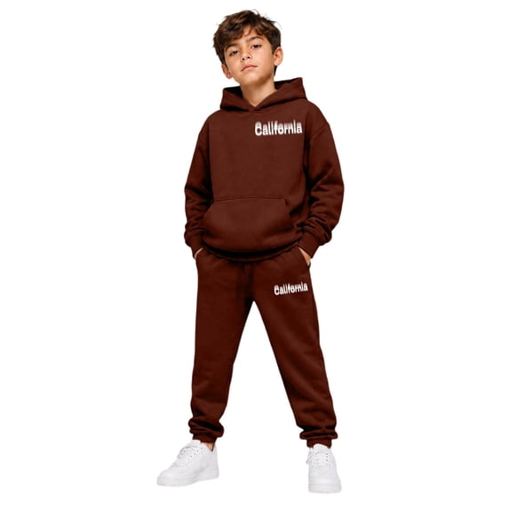 RUTAYY Boys 2 Piece Clothing Set City Graphic for Kids Cozy Hooded Tracksuit Long Sleeve Casual Everyday Wear, Brown