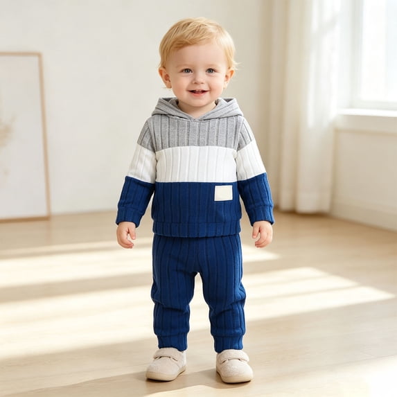 RUTAYY Boys 2 Piece Outfit Long Sleeve Hooded Top and Pants Color Block Design Everyday Practical Outfit Blue