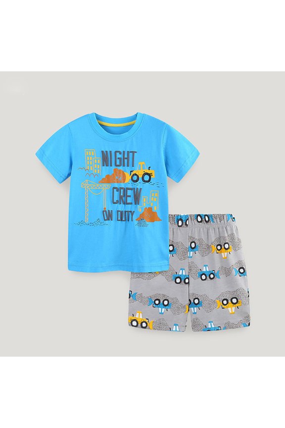 Boys 2 Piece Outfit Set Crew Neck Short Sleeve Construction Vehicle Slogan Print Tee Elastic Waist Cartoon Shorts Matching Set Sky Blue