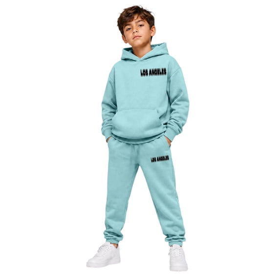 RUTAYY Boys 2 Piece Set City Graphic Long Sleeve Pullover Hoodie Jogger Pants Casual Everyday Wear Outfits, Blue