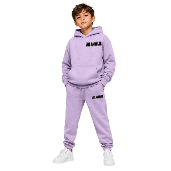 RUTAYY Boys 2 Piece Set City Graphic Long Sleeve Pullover Hoodie Jogger Pants Casual Everyday Wear Outfits, Purple