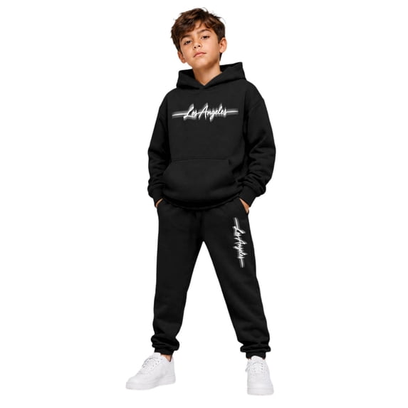 RUTAYY Boys 2 Piece Set City Graphic Long Sleeve Pullover Hoodie Jogger Pants Cozy Hooded Tracksuit Casual Everyday Wear, Black