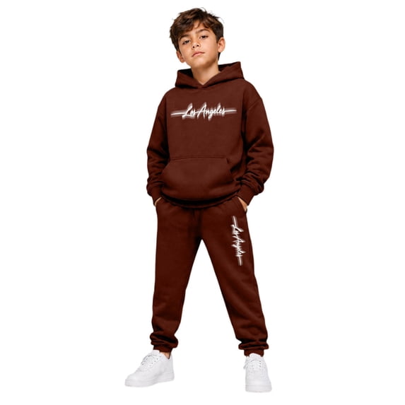 RUTAYY Boys 2 Piece Set City Graphic Long Sleeve Pullover Hoodie Jogger Pants Cozy Hooded Tracksuit Casual Everyday Wear, Brown