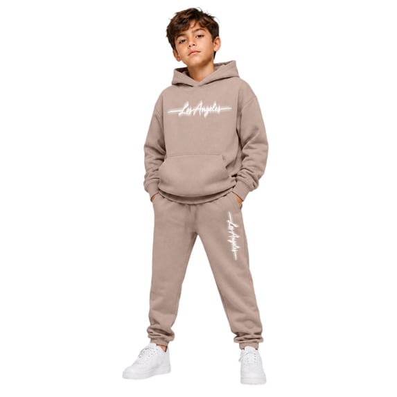 RUTAYY Boys 2 Piece Set City Graphic Long Sleeve Pullover Hoodie Jogger Pants Cozy Hooded Tracksuit Casual Everyday Wear, Khaki