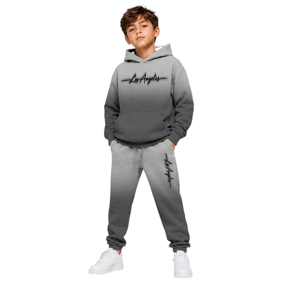 RUTAYY Boys 2 Piece Set City Graphic Long Sleeve Pullover Hoodie Jogger Pants Cozy Hooded Tracksuit Casual Everyday Wear, Light Gray