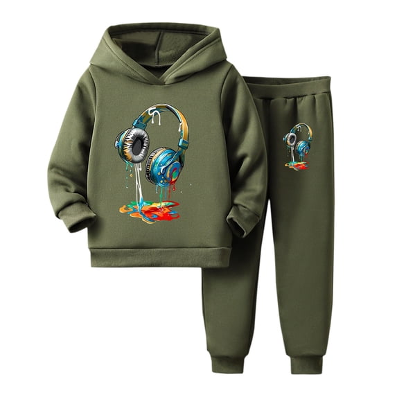 RUTAYY Boys 2 Piece Set Headphone Graphic Hooded Top Jogger Pants Long Sleeve Fall Winter Tracksuit, Army Green