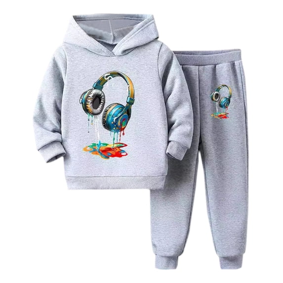 RUTAYY Boys 2 Piece Set Headphone Graphic Hooded Top Jogger Pants Long Sleeve Fall Winter Tracksuit, Light Gray