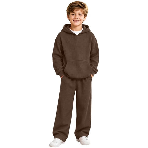 RUTAYY Boys 2 Piece Set Hooded Long Sleeve Pullover Top Wide Leg Pants Solid Color Daily Play Wear, Brown