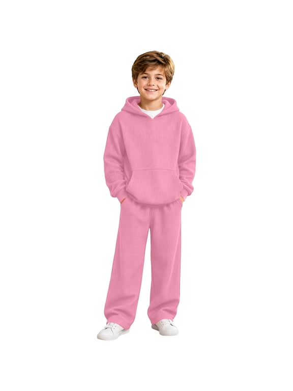 Boys 2 Piece Set Hooded Long Sleeve Pullover Top Wide Leg Pants Solid Color Daily Play Wear, Pink