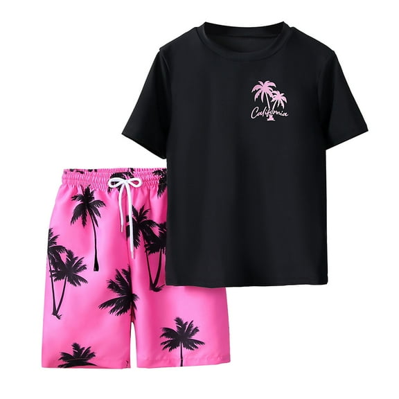 RUTAYY Boys 2PCS Tree Swim Set Quick Dry Short Sleeve Top & Board Shorts For Beach Pool Summer Brazilian Swimwear Beachwear, 7-8 Years