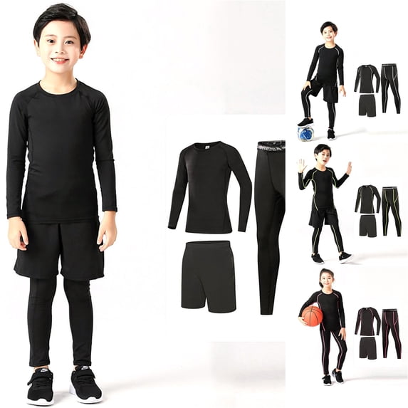 RUTAYY Boys 3 Piece Athletic Set Solid Color Crew Neck Long Sleeve Top Shorts Leggings Kids Sport Outfit Black