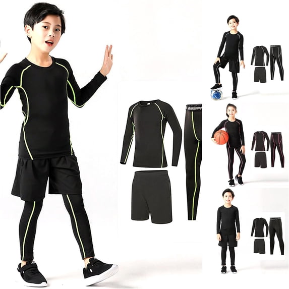 RUTAYY Boys 3 Piece Athletic Set Solid Color Crew Neck Long Sleeve Top Shorts Leggings Kids Sport Outfit Green