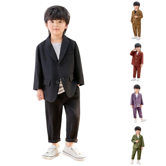 RUTAYY Boys 3 Piece Formal Outfit Lapel Long Sleeve Blazer Hem Roll Trousers Matching Necklace Set Black