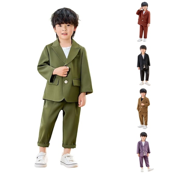 RUTAYY Boys 3 Piece Formal Outfit Lapel Long Sleeve Blazer Hem Roll Trousers Matching Necklace Set Green