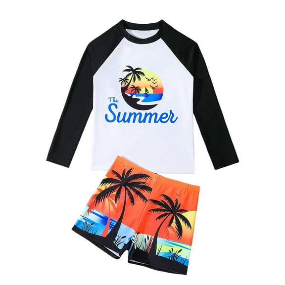 RUTAYY Boys Beach Style 2PCS Swimsuit Set Long Sleeve Top & Swim Shorts With Palm Tree & Sunset Print Quick Dry Cartoon For Surfing Pool Summer Tropical Swimwear Beachwear, 11-12 Years