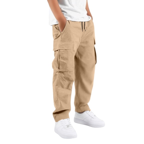 RUTAYY Boys Cargo Pants Drawstring Waist Straight Leg Front Pockets Outdoor Play Trousers Everyday Outdoor Adventures, Beige