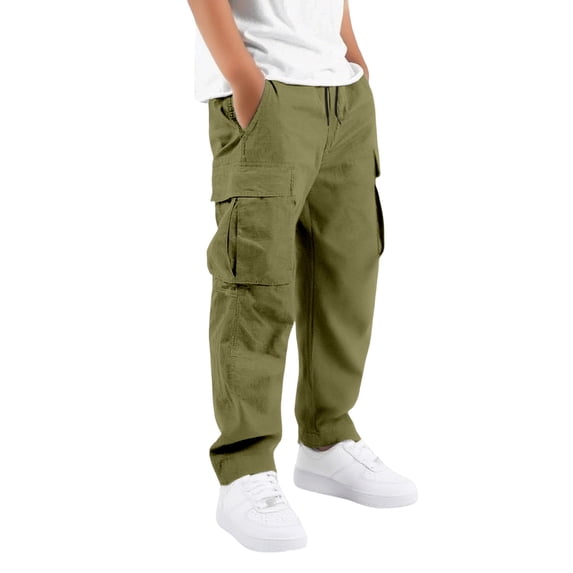 RUTAYY Boys Cargo Pants Drawstring Waist Straight Leg Front Pockets Outdoor Play Trousers Everyday Outdoor Adventures, Green