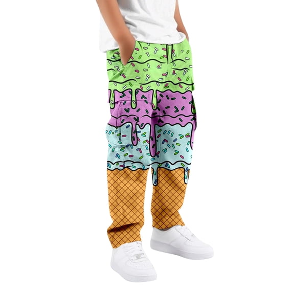 RUTAYY Boys Cargo Pants Ice Cream Print Drawstring Waist Side Pockets Casual Outdoor Wear Comfortable Trousers, Mint Green