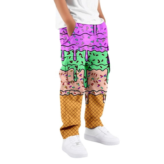 RUTAYY Boys Cargo Pants Ice Cream Print Drawstring Waist Side Pockets Casual Outdoor Wear Comfortable Trousers, Purple