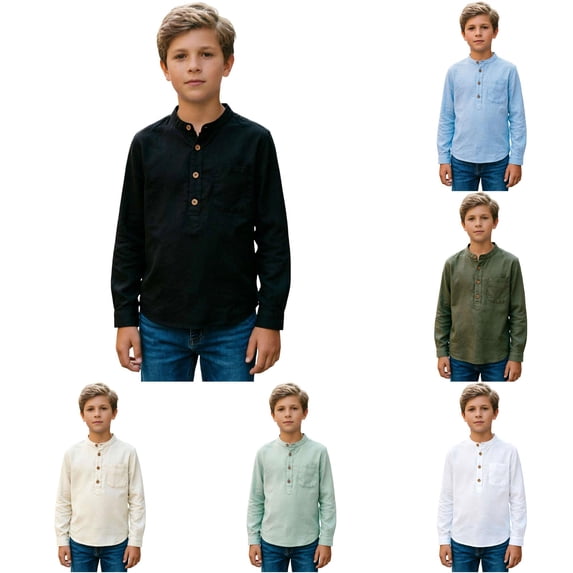 RUTAYY Boys Casual Henley Shirt Stand Collar Front Pocket Solid Color Half Button Long Sleeve Lightweight Daily Top Black