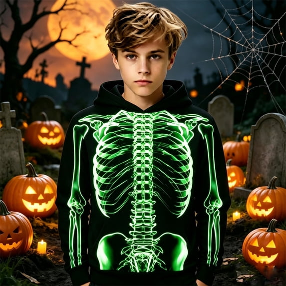 RUTAYY Boys Casual Hoodie Long Sleeve Halloween Theme Skeleton All Over Print Loose Fit Hooded Sweatshirt Green