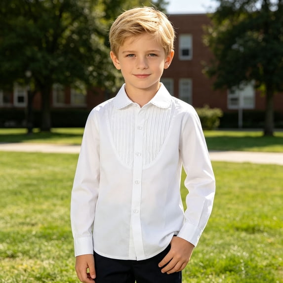 RUTAYY Boys Collared Long Sleeve Button Down Shirt Solid Color Pleated Front Casual Dress Top Multicolour