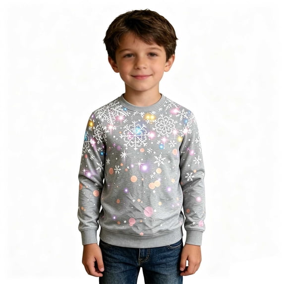 RUTAYY Boys Crewneck Sweatshirt Christmas Snowflake Graphic Long Sleeve Loose Fit Holiday Tops Festive Casual Sportswear, Grey