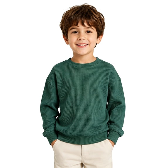 RUTAYY Boys Crewneck Sweatshirt Waffle Knit Pullover Long Sleeve Kids Casual Street Wear Outerwear, Green