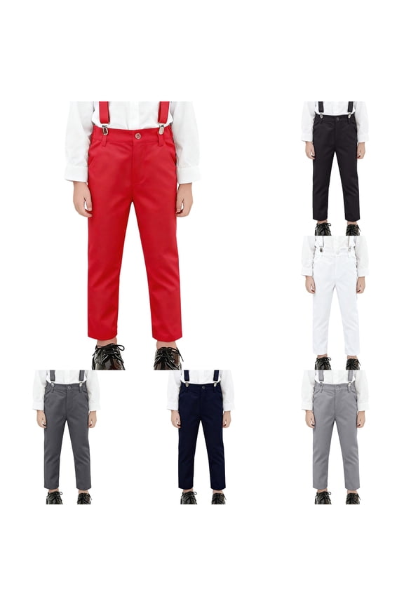 Boys Formal Suspender Pants Solid Color Straight Leg Trousers Adjustable Shoulder Straps Daily Wear Red