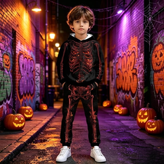RUTAYY Boys Halloween 2 Piece Long Sleeve Hoodie and Sweatpants Set Skeleton Print with Pockets Festive Outfit Black