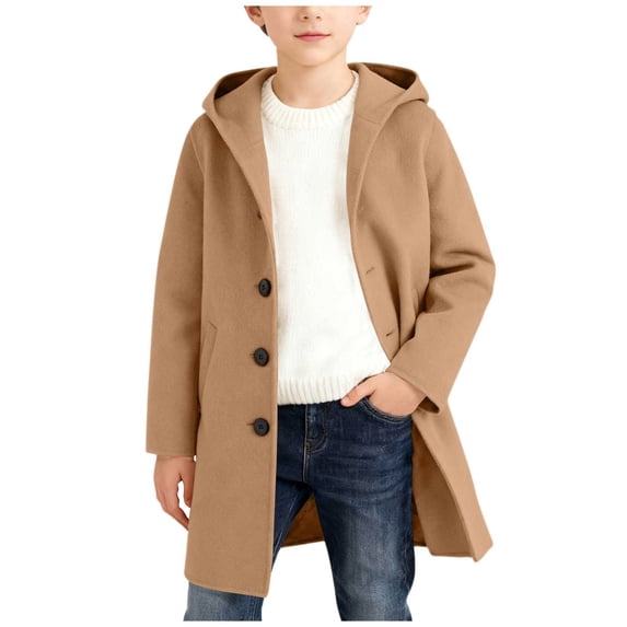 RUTAYY Boys Hooded Long Coat Long Sleeve Button Down Outerwear with Side Pockets Daily Coat, Khaki