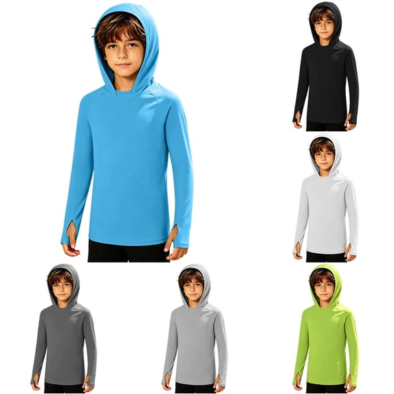 RUTAYY Boys Hooded Long Sleeve Athletic Tops Solid Color Loose Fit Kids Active Layering Tops Blue