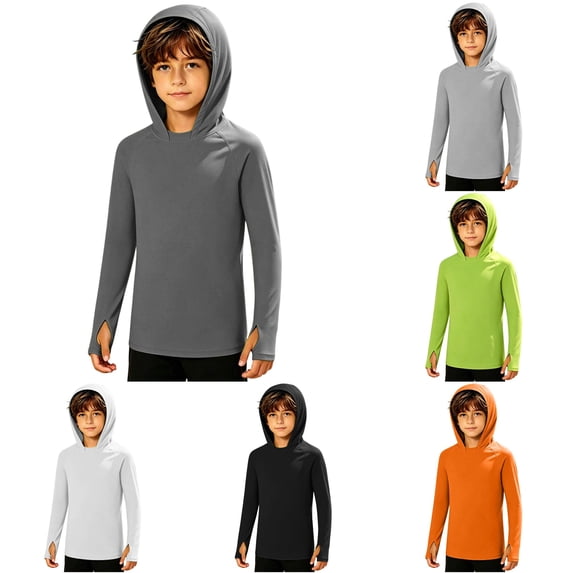 RUTAYY Boys Hooded Long Sleeve Athletic Tops Solid Color Loose Fit Kids Active Layering Tops Dark Gray