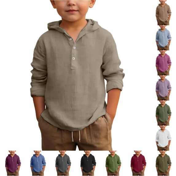 RUTAYY Boys Hooded Shirt Long Sleeve with Button Placket Solid Color Kids Casual Daily Tops Coffee