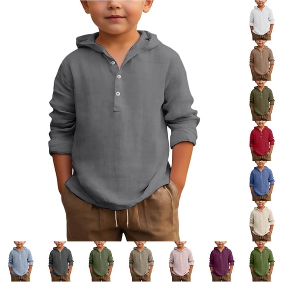 RUTAYY Boys Hooded Shirt Long Sleeve with Button Placket Solid Color Kids Casual Daily Tops Grey