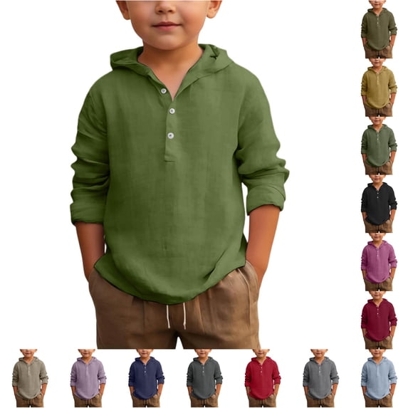 RUTAYY Boys Hooded Shirt Long Sleeve with Button Placket Solid Color Kids Casual Daily Tops Light Green