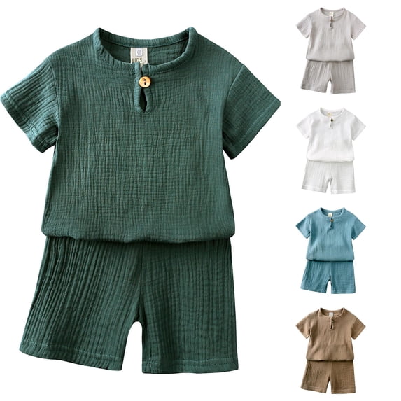 RUTAYY Boys Matching Outfit Set Solid Color Crew Neck Short Sleeve Gauze Tee Relax Fit Shorts Kids Summer Daily Playwear Green