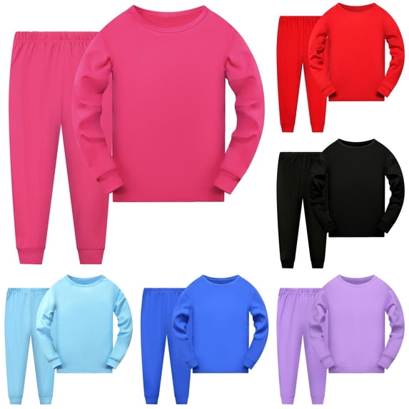 RUTAYY Boys Pajama Set Long Sleeve Crew Neck Long Pants Solid Color Basic Children Night Suit Hot Pink