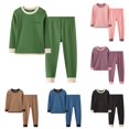 thumbnail image 1 of RUTAYY Boys Pajama Set Long Sleeve Crew Neck Long Pants Solid Ribbed Contrast Edge Letter Embroidery Kids Night Suit Green, 1 of 8
