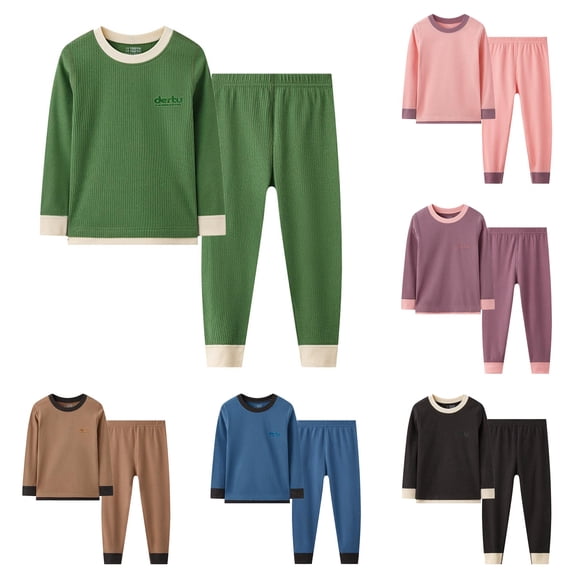 RUTAYY Boys Pajama Set Long Sleeve Crew Neck Long Pants Solid Ribbed Contrast Edge Letter Embroidery Kids Night Suit Green