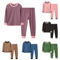 thumbnail image 1 of RUTAYY Boys Pajama Set Long Sleeve Crew Neck Long Pants Solid Ribbed Contrast Edge Letter Embroidery Kids Night Suit Purple, 1 of 8