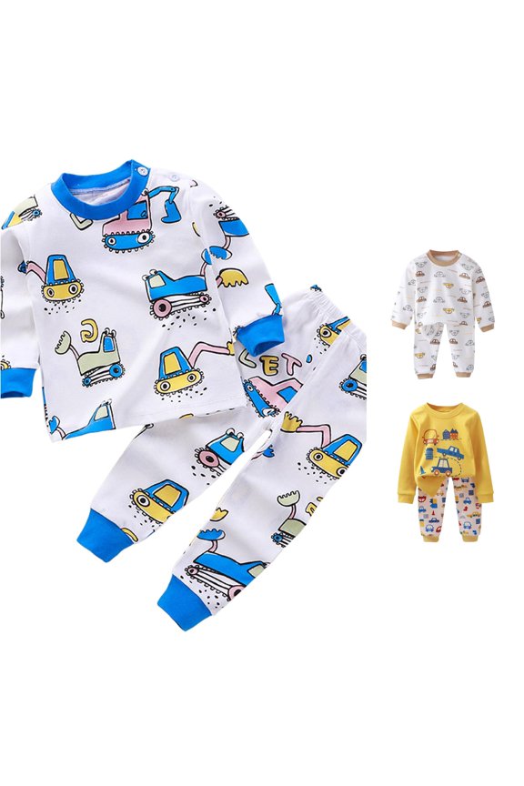 Boys Pajama Set Long Sleeve T-Shirt Long Pants Contrast Cartoon Engineering Vehicle Print 2 Piece Kids Sleep Outfit Sky Blue