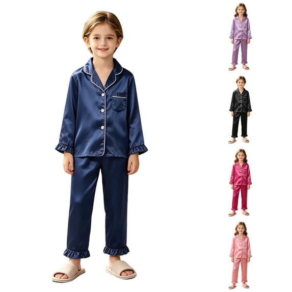 RUTAYY Boys Pajama Set Long Sleeve Turndown Collar Long Pants Solid Color Contrast Ruffle Hem Kids Night Suit Blue